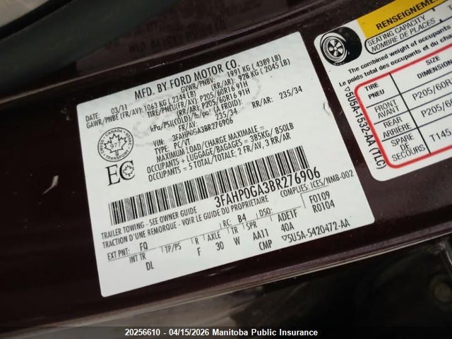 Продаж на аукціоні авто 2011 Ford Fusion S, vin: 3FAHP0GA3BR276906, номер лоту: 20256610
