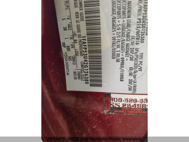 20256615 :رقم المزاد ، 1FAFP53U42G126380 vin ، 2002 Ford Taurus Se مزاد بيع