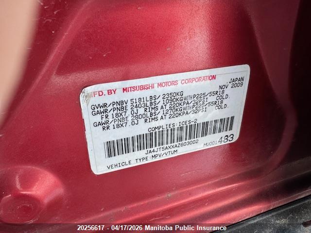 20256617 :رقم المزاد ، JA4JT5AXXAZ603002 vin ، 2010 Mitsubishi Outlander Ls مزاد بيع