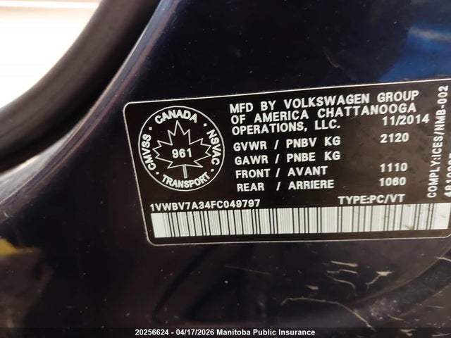 Aukcja sprzedaży 2015 Volkswagen Passat 2.0 Tdi, vin: 1VWBV7A34FC049797, numer aukcji: 20256624