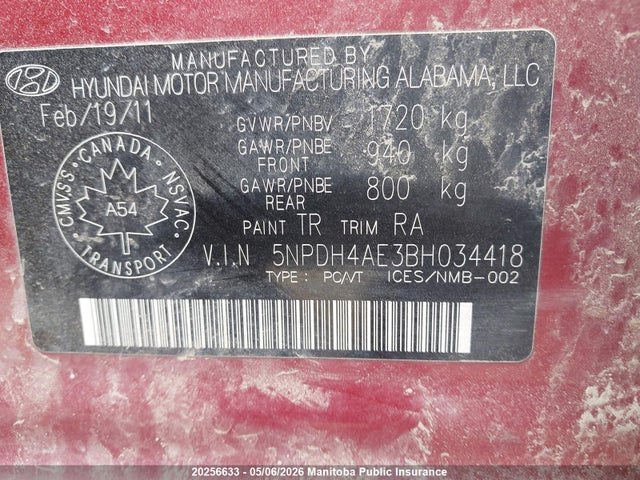 2011 Hyundai Elantra Gl მანქანა იყიდება აუქციონზე, vin: 5NPDH4AE3BH034418, აუქციონის ნომერი: 20256633