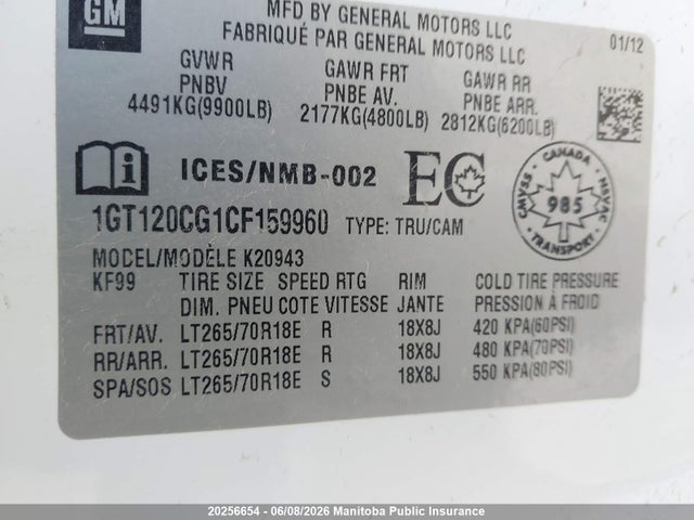 Aukcja sprzedaży 2012 Gmc Sierra 2500 Hd Sle Crew Cab, vin: 1GT120CG1CF159960, numer aukcji: 20256654