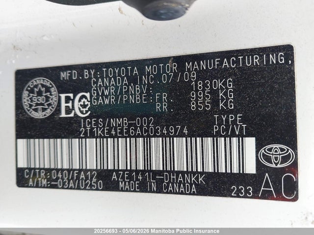 20256693 :رقم المزاد ، 2T1KE4EE6AC034974 vin ، 2010 Toyota Matrix مزاد بيع