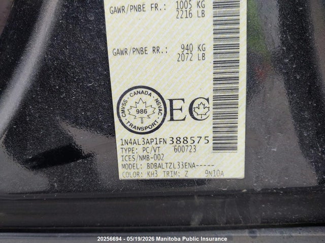 Aukcja sprzedaży 2015 Nissan Altima 2.5 S, vin: 1N4AL3AP1FN388575, numer aukcji: 20256694