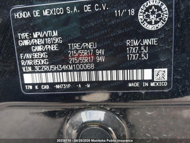 3CZRU5H34KM100068 Honda HR-V LX