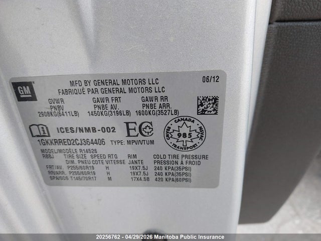 Продаж на аукціоні авто 2012 Gmc Acadia Slt, vin: 1GKKRRED2CJ364406, номер лоту: 20256762