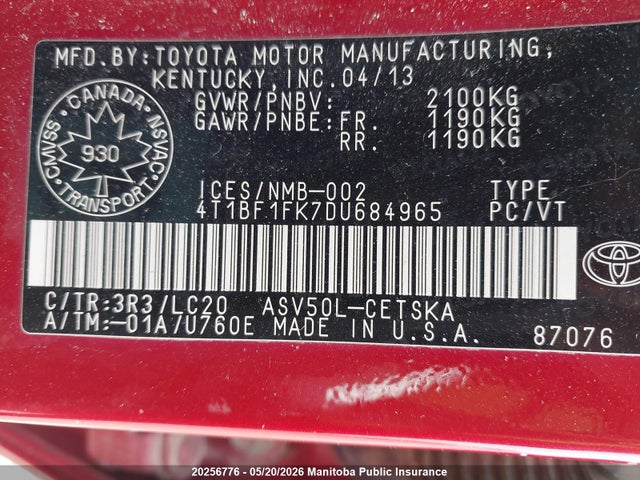 Aukcja sprzedaży 2013 Toyota Camry Se, vin: 4T1BF1FK7DU684965, numer aukcji: 20256776