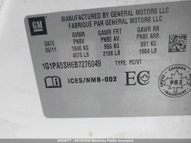 20256777 :رقم المزاد ، 1G1PA5SH6B7276049 vin ، 2011 Chevrolet Cruze Ls مزاد بيع