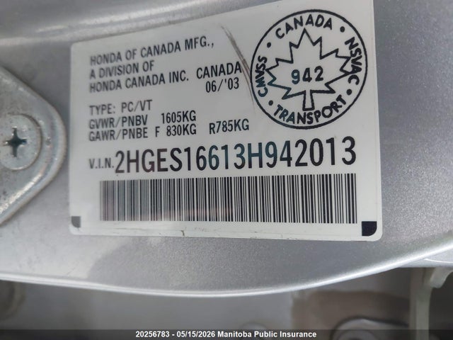 Продажа на аукционе авто 2003 Honda Civic Lx, vin: 2HGES16613H942013, номер лота: 20256783