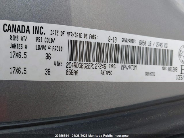Продажа на аукционе авто 2014 Dodge Grand Caravan Sxt, vin: 2C4RDGBG2ER127246, номер лота: 20256794