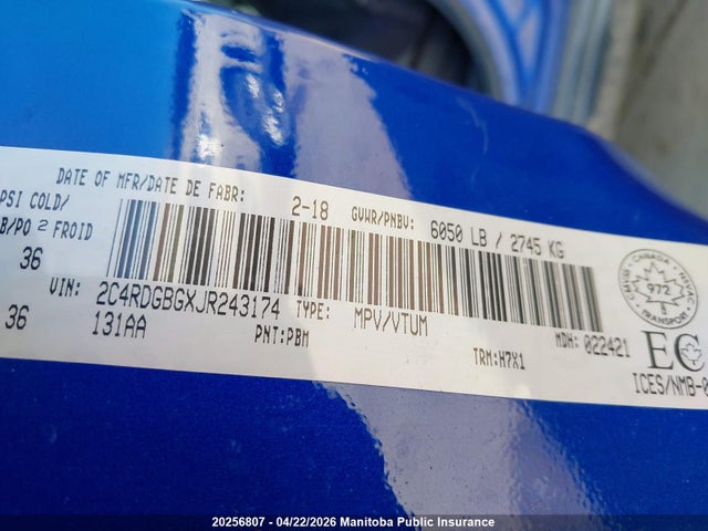 Aukcja sprzedaży 2018 Dodge Grand Caravan Sxt, vin: 2C4RDGBGXJR243174, numer aukcji: 20256807