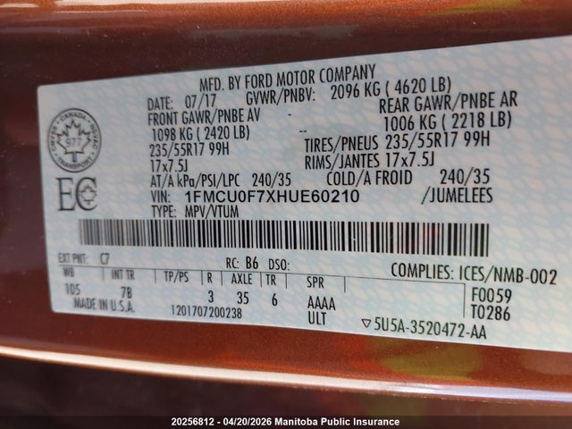 1FMCU0F7XHUE60210 Ford ESCAPE S