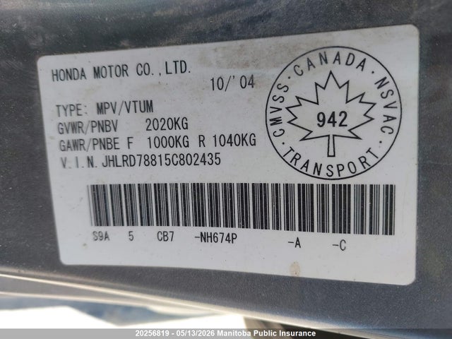 Продажа на аукционе авто 2005 Honda Cr-v, vin: JHLRD78815C802435, номер лота: 20256819