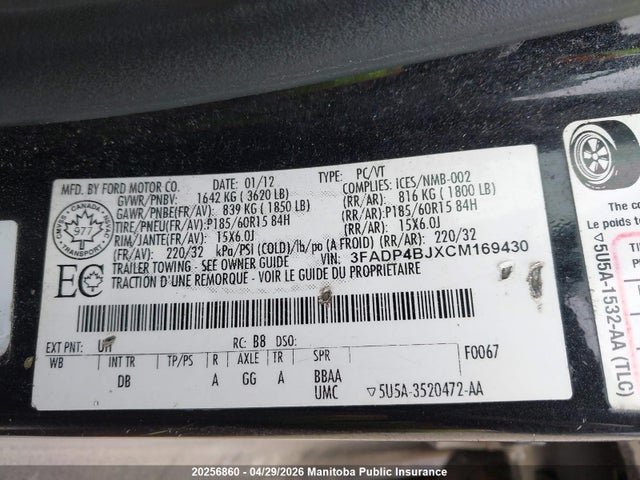 Aukcja sprzedaży 2012 Ford Fiesta Se, vin: 3FADP4BJXCM169430, numer aukcji: 20256860