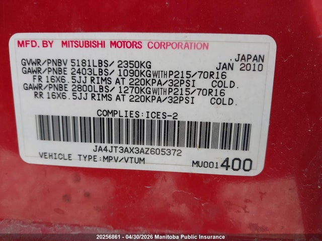 Aukcja sprzedaży 2010 Mitsubishi Outlander Ls, vin: JA4JT3AX3AZ605372, numer aukcji: 20256861