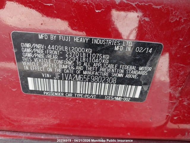 Aukcja sprzedaży 2015 Subaru Impreza Wrx Sti, vin: JF1VA2M65F9802308, numer aukcji: 20256919