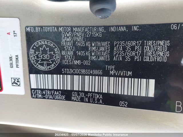20256925 :رقم المزاد ، 5TDZK3DC9BS049866 vin ، 2011 Toyota Sienna V6 مزاد بيع