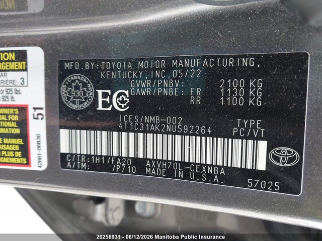 2022 Toyota Camry Le Hybrid მანქანა იყიდება აუქციონზე, vin: 4T1C31AK2NU592264, აუქციონის ნომერი: 20256931