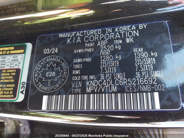 2024 Kia Ev6 Land მანქანა იყიდება აუქციონზე, vin: KNDC4DLC6R5216692, აუქციონის ნომერი: 20256940