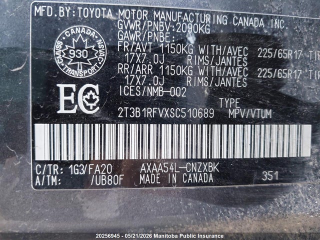 20256945 :رقم المزاد ، 2T3B1RFVXSC510689 vin ، 2025 Toyota Rav4 Le مزاد بيع