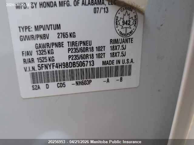 2013 Honda Pilot Touring მანქანა იყიდება აუქციონზე, vin: 5FNYF4H98DB506713, აუქციონის ნომერი: 20256953
