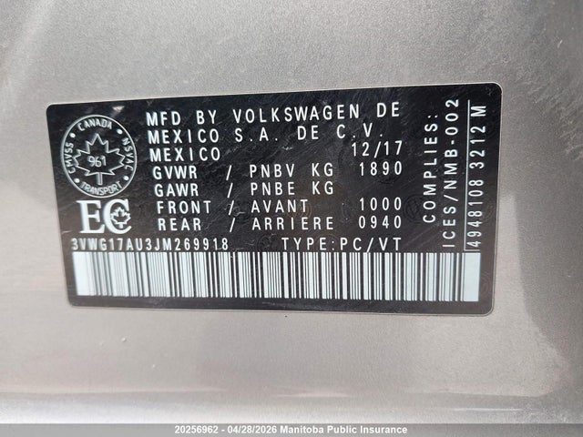 3VWG17AU3JM269918 Volkswagen Golf 1.8 Tsi