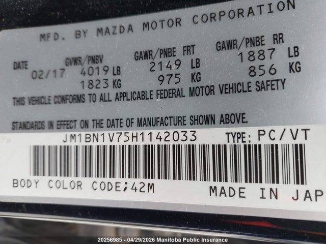 JM1BN1V75H1142033 Mazda Mazda3 Gs Sky