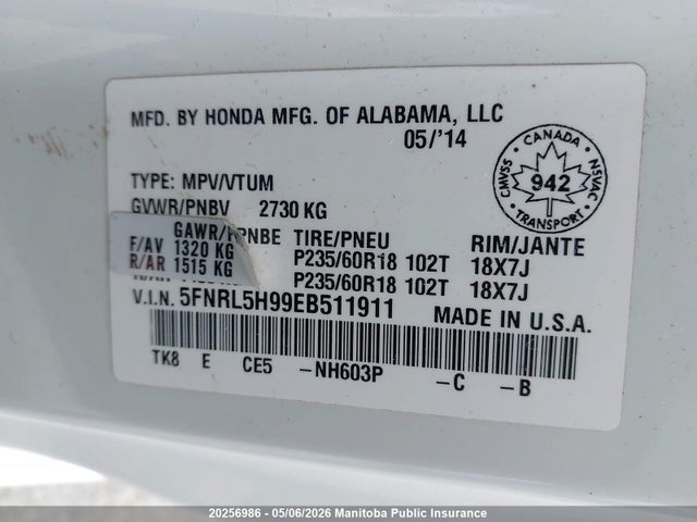 Продаж на аукціоні авто 2014 Honda Odyssey Touring, vin: 5FNRL5H99EB511911, номер лоту: 20256986