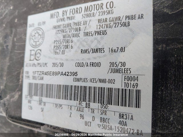 2009 Ford Ranger Sport Supercab მანქანა იყიდება აუქციონზე, vin: 1FTZR45E89PA42395, აუქციონის ნომერი: 20256988
