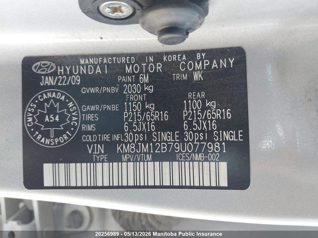 2009 Hyundai Tucson Gl მანქანა იყიდება აუქციონზე, vin: KM8JM12B79U077981, აუქციონის ნომერი: 20256989