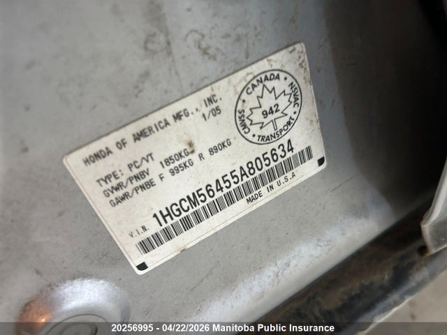 Aukcja sprzedaży 2005 Honda Accord Lx-g, vin: 1HGCM56455A805634, numer aukcji: 20256995