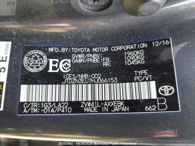 JTDZN3EU7HJ066153 Toyota PRIUS V
