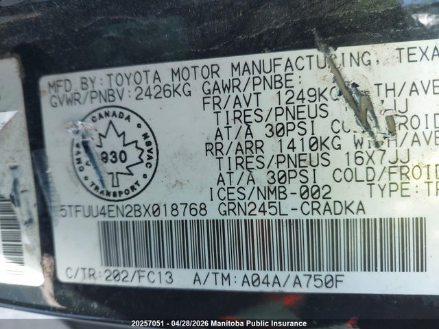 2011 Toyota Tacoma V6 Access Cab მანქანა იყიდება აუქციონზე, vin: 5TFUU4EN2BX018768, აუქციონის ნომერი: 20257051