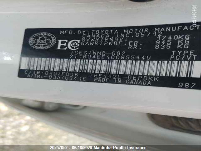 2012 Toyota Corolla Ce მანქანა იყიდება აუქციონზე, vin: 2T1BU4EE1CC855440, აუქციონის ნომერი: 20257052