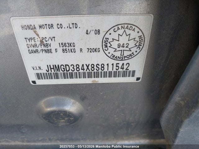 Продажа на аукционе авто 2008 Honda Fit Lx, vin: JHMGD384X8S811542, номер лота: 20257053