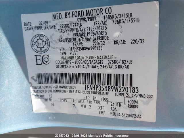2009 Ford Focus Se მანქანა იყიდება აუქციონზე, vin: 1FAHP35N89W220183, აუქციონის ნომერი: 20257062