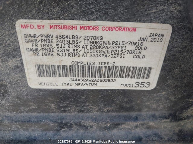 20257075 :رقم المزاد ، JA4AS2AW2AZ605822 vin ، 2010 Mitsubishi Outlander Es مزاد بيع