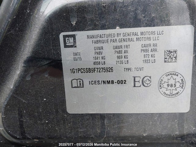 2015 Chevrolet Cruze Lt Turbo მანქანა იყიდება აუქციონზე, vin: 1G1PC5SB9F7275926, აუქციონის ნომერი: 20257077