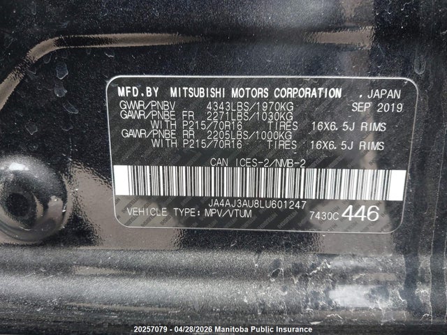 Aukcja sprzedaży 2020 Mitsubishi Rvr Es, vin: JA4AJ3AU8LU601247, numer aukcji: 20257079