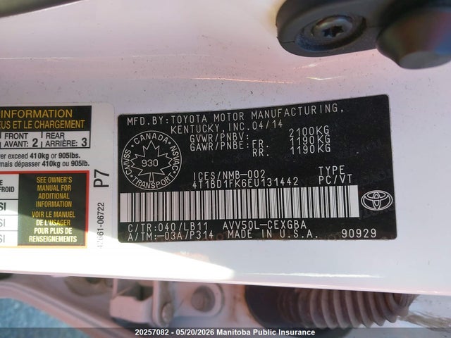 4T1BD1FK6EU131442 Toyota Camry Xle Hybrid