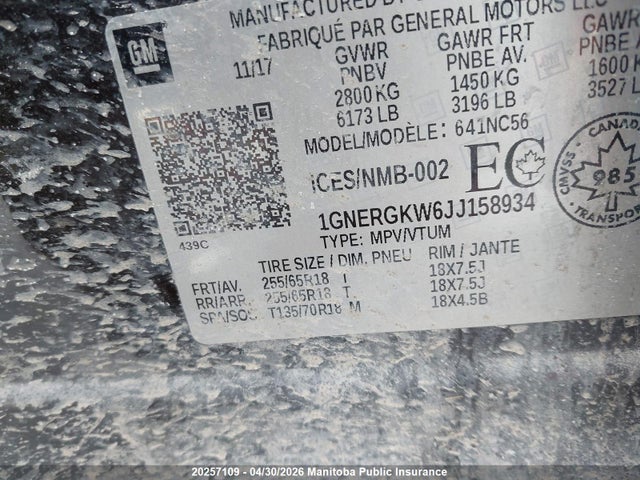 1GNERGKW6JJ158934 Chevrolet Traverse Lt