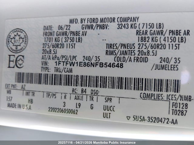 1FTFW1E86NFB54648 Ford F-Series