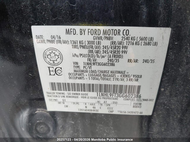 1LNHL9FT3GG602386 Lincoln Mks Ecoboost