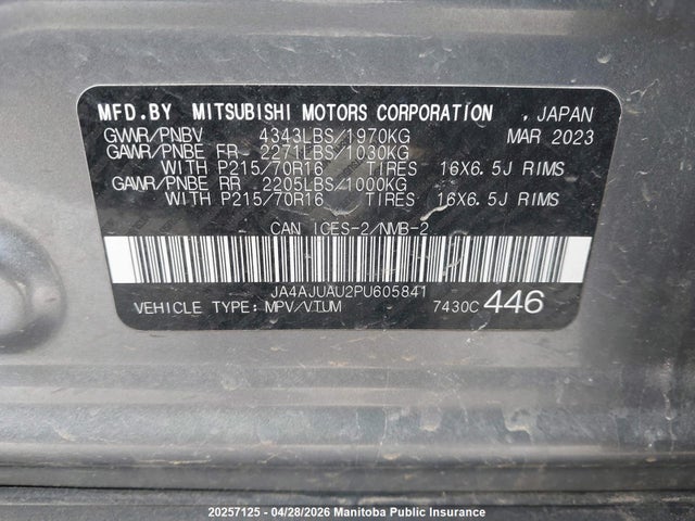Продаж на аукціоні авто 2023 Mitsubishi Rvr Es, vin: JA4AJUAU2PU605841, номер лоту: 20257125