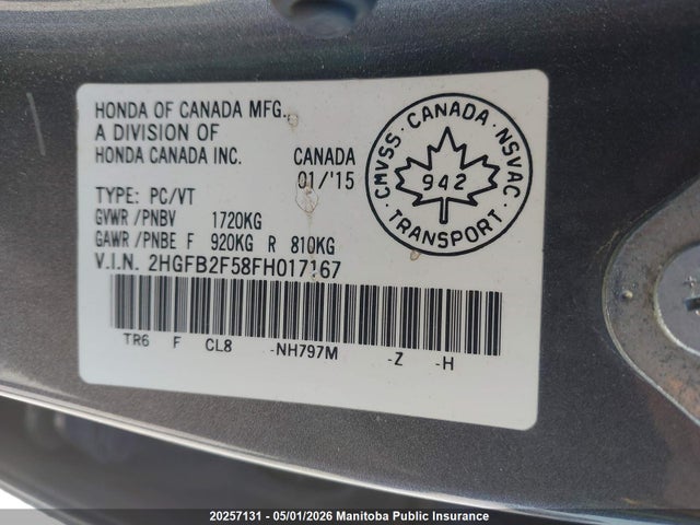 Продаж на аукціоні авто 2015 Honda Civic Ex, vin: 2HGFB2F58FH017167, номер лоту: 20257131