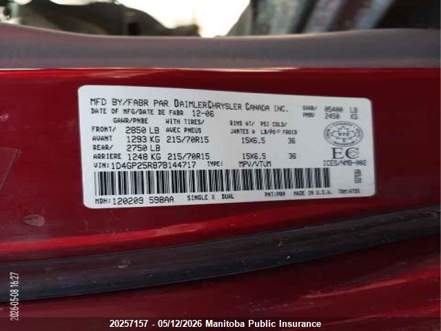 Продаж на аукціоні авто 2007 Dodge Caravan, vin: 1D4GP25R87B144717, номер лоту: 20257157