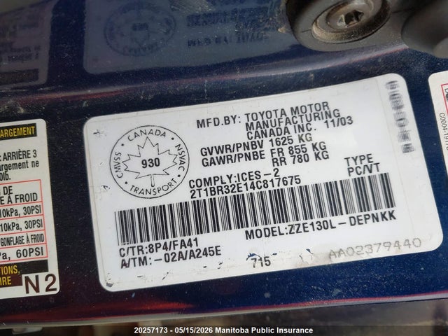 20257173 :رقم المزاد ، 2T1BR32E14C817675 vin ، 2004 Toyota Corolla مزاد بيع