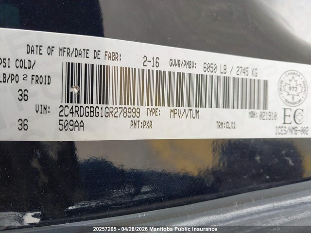 2C4RDGBG1GR278999 Dodge Grand Caravan Se