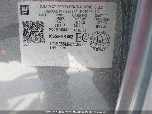 20257217 :رقم المزاد ، 1G1BE5SM6K7136725 vin ، 2019 Chevrolet Cruze Lt Turbo مزاد بيع