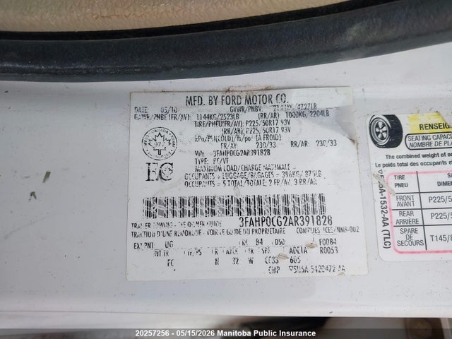 20257256 :رقم المزاد ، 3FAHP0CG2AR391828 vin ، 2010 Ford Fusion Sel V6 مزاد بيع